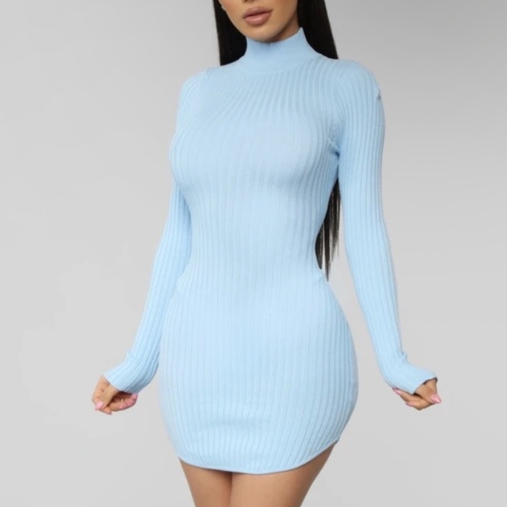 Fashion Nova Light Blue Long Sleeve Dress